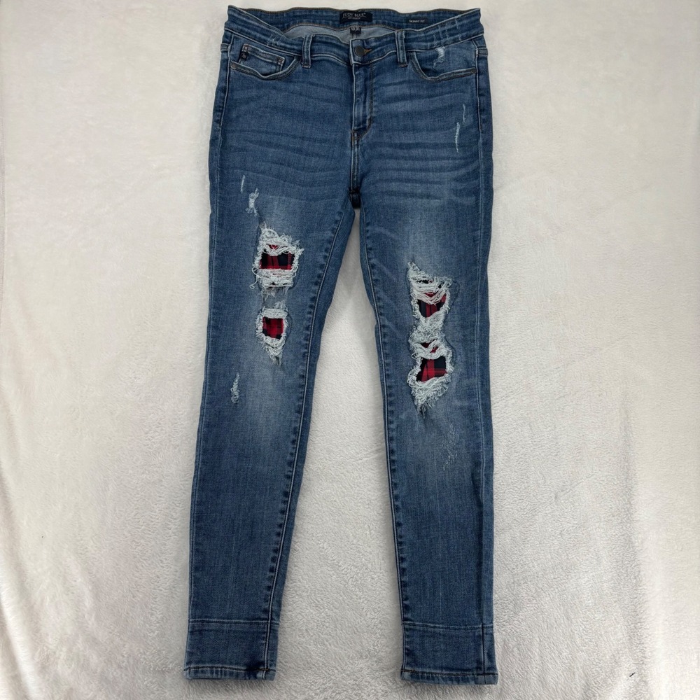Judy Blue Distressed Plaid Patch Skinny Jeans Medium Wash JB82167MD Size 13/31
